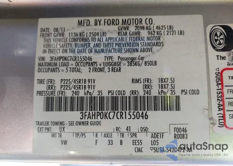 2012 Ford Fusion Sport from USA, damaged, VIN 3FAHP0KC7CR155046